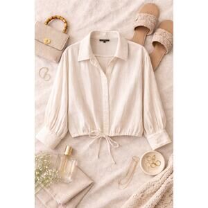 DREW Women's Cropped Drawstring Hem Button Up Shirt Cream Cotton Neutral Size M